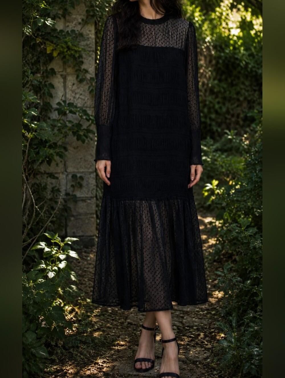 Zara Black Swiss Dot Sheer Maxi Dress Long Sleeve Romantic Gothic Boho Chic Midi